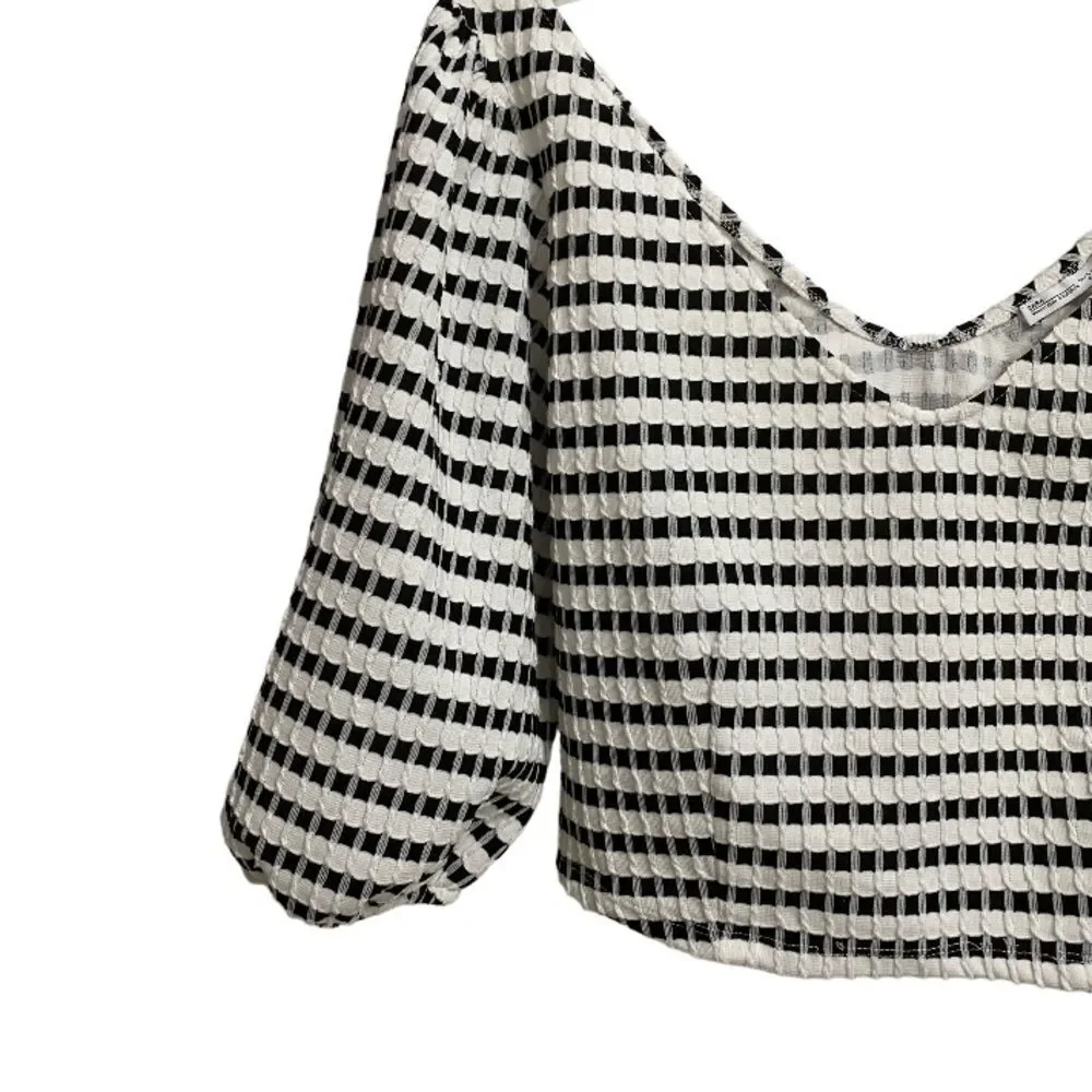 Zara Women's Puff Sleeve Crop Top Size L Black White Checkered Textured Preppy - Picture 5 of 12